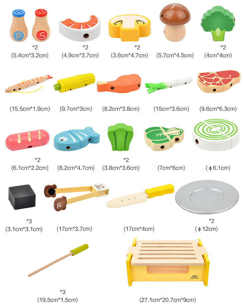 Wooden kitchen BBQ play set with 32 magnetic food pieces for imaginative and educational play