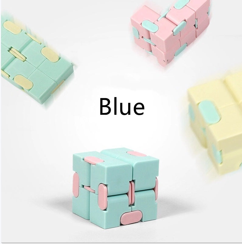 Infinity Cube finger puzzle with 8 rotating cubes, compact stress-relief toy in random colors.