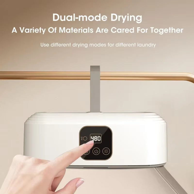 Mini portable dryer with foldable design, intelligent timer & fast drying. Compact, travel-friendly & remote-controlled for effortless drying anywhere!