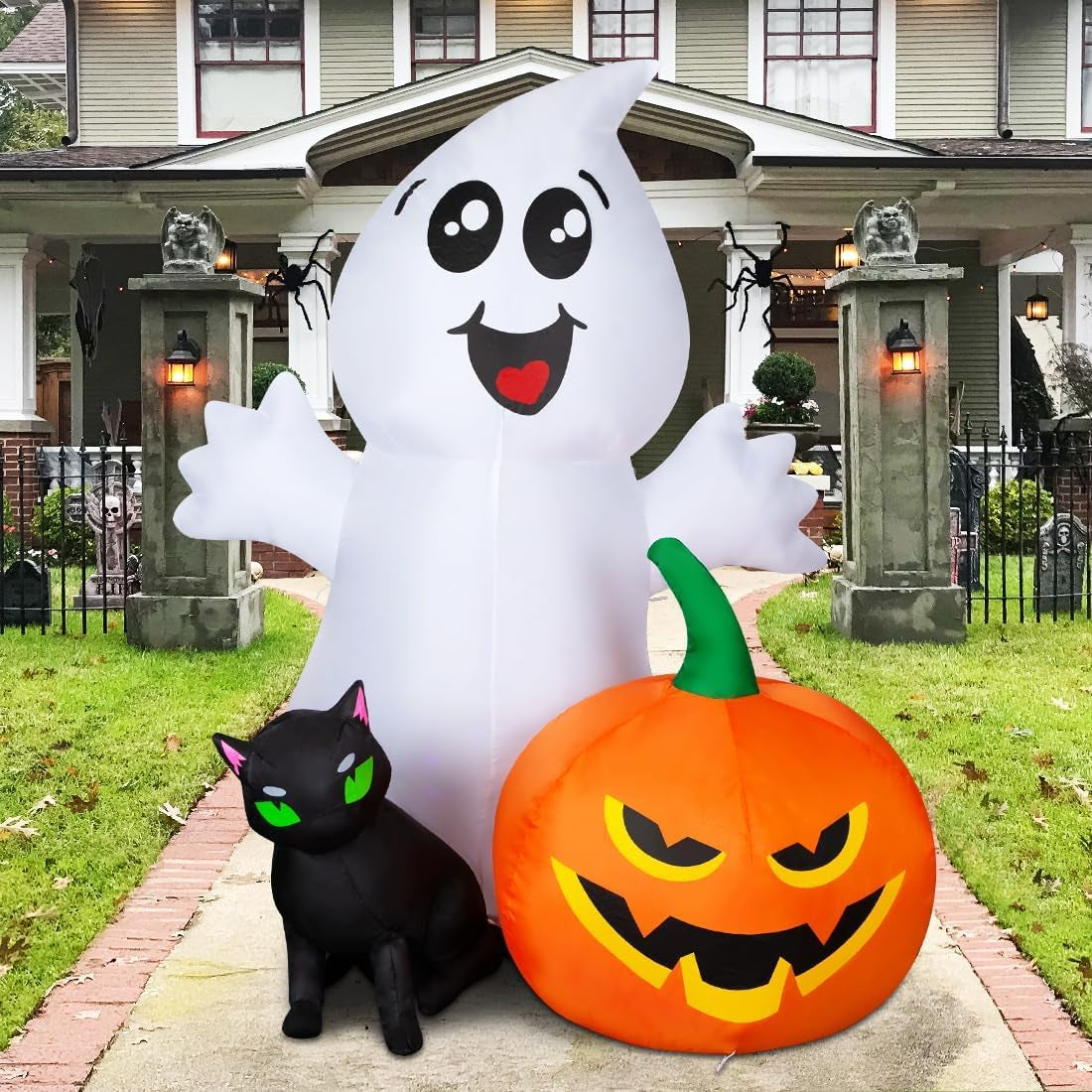 5FT Halloween Inflatable Ghost with Black Cat and Pumpkin – LED‑Lit Outdoor & Indoor Decoration