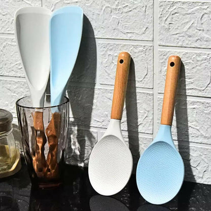 Transform Your Cooking Experience with the Non-Stick Silicone Rice Shovel Spoon - Effortless Serving with a Long Wooden Handle!.