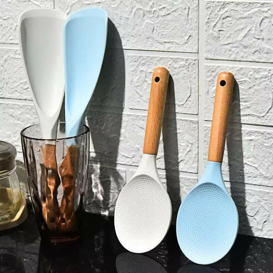 Transform Your Cooking Experience with the Non-Stick Silicone Rice Shovel Spoon - Effortless Serving with a Long Wooden Handle!.