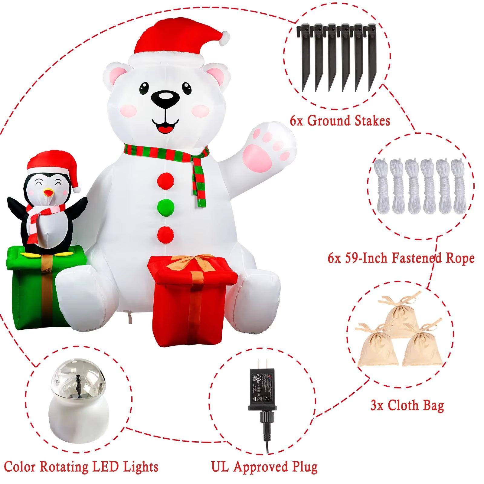 6FT Polar Bear & Penguin Christmas Inflatable – LED-Lit Outdoor Decoration with Gift Boxes | Waterproof, Self-Inflating.