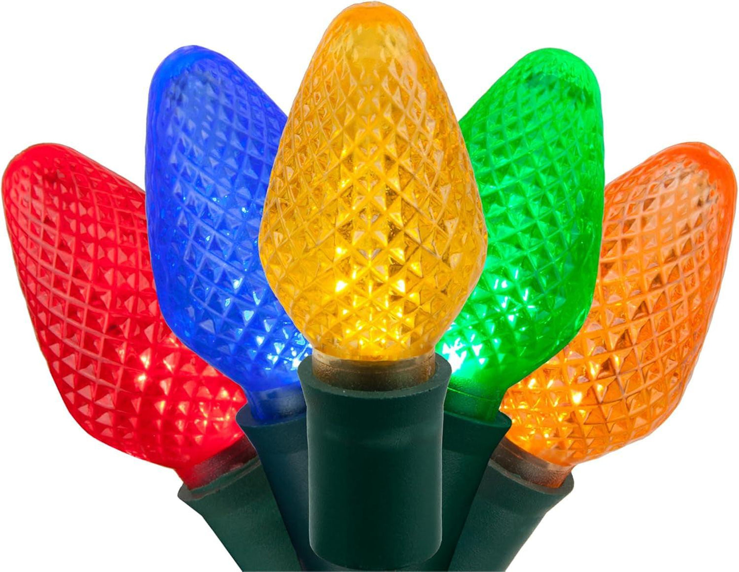Multicolor LED Christmas Lights – 25 Faceted Bulbs, Green Wire.