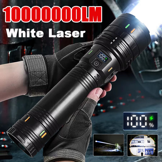 Ultra-bright long-range flashlight with 10,000,000 lumens, 5,000M beam & IPX6 waterproof rating. Perfect for outdoor adventures, security & emergencies!