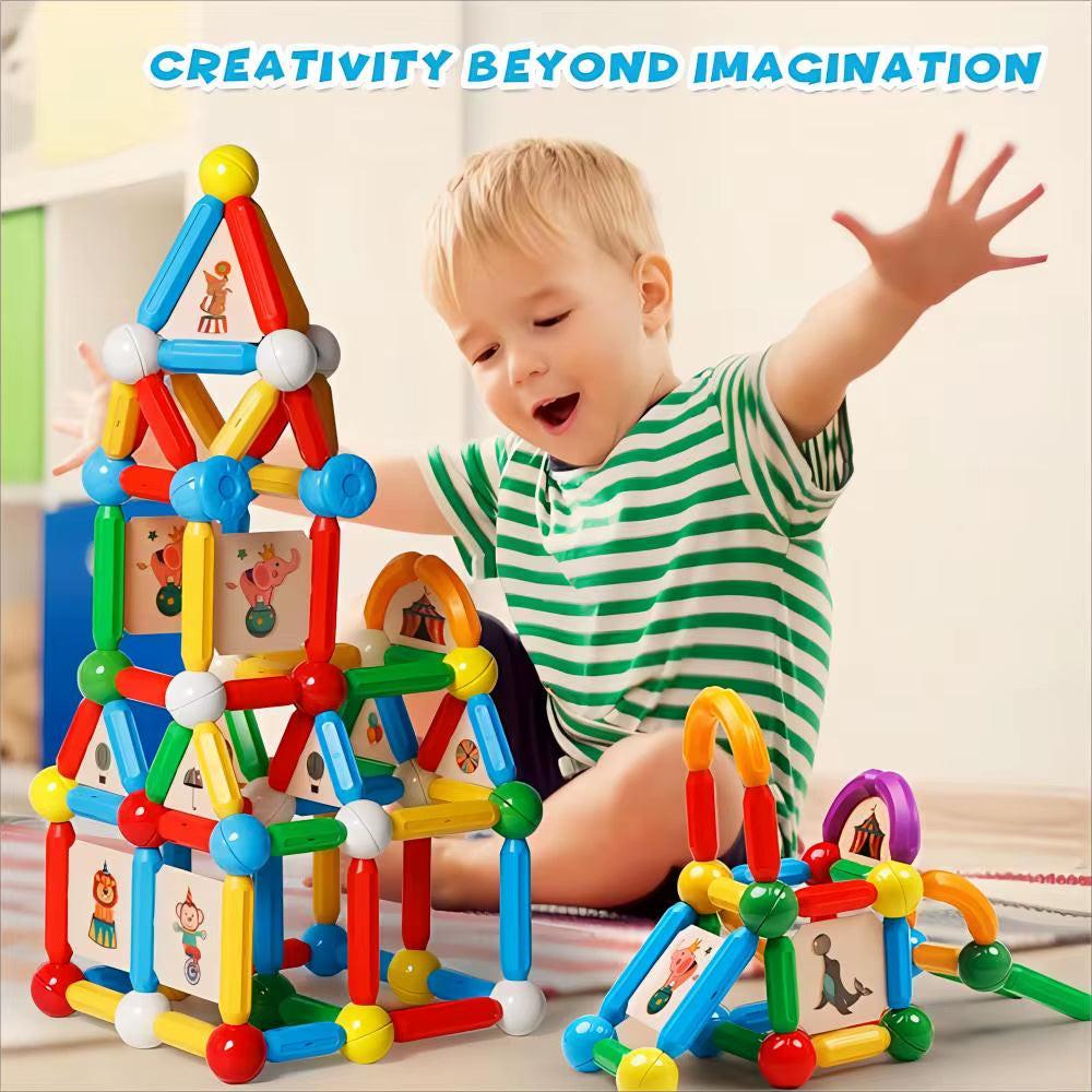 Build Beyond Flat Tiles – 90PCS Montessori‑Style Magnetic Sticks & Balls STEM Toy for 3D Learning.