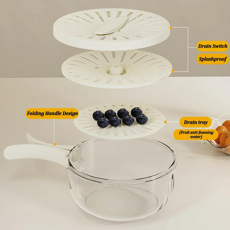 2-In-1 Fruit Drain Basket Vegetable Washing Basket with Foldable Handle Refrigerator Crisper Storage Bowl for Home Kitchen.