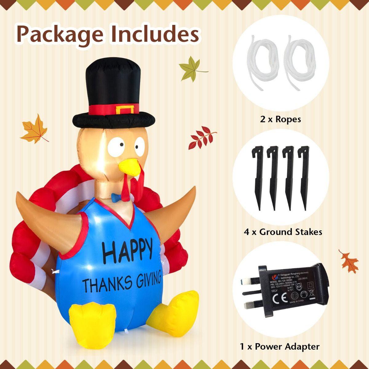 6FT Thanksgiving Inflatable Turkey – LED-Lit Outdoor Decoration with Built-In Fan | Waterproof Polyester, Self-Inflating.
