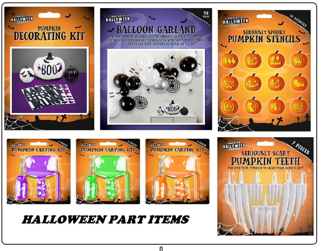 2025 Halloween Pumpkin Decorating Mega Kit – Carving Tools, Stencils, Balloon Garland, Stickers & Teeth Props