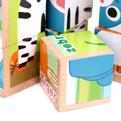 Six-face wooden cube puzzle with 9 blocks, educational toy for children aged 4–6.
