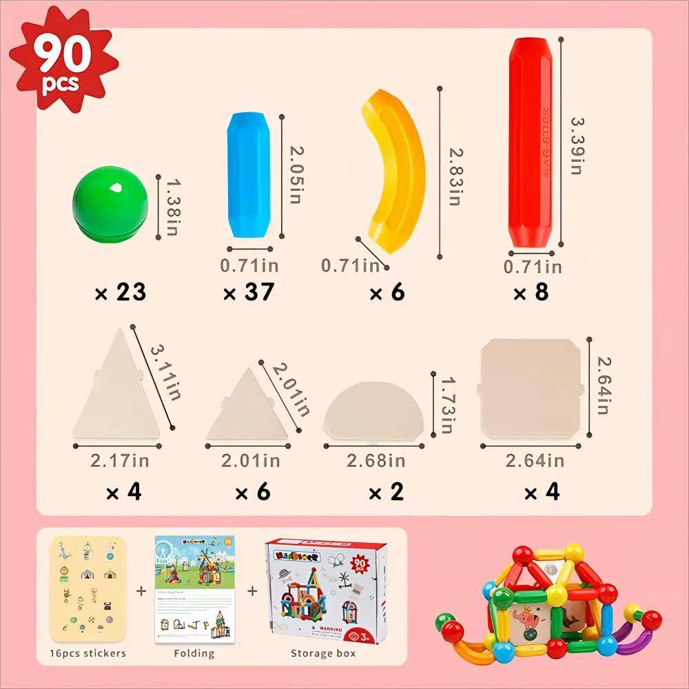 Build Beyond Flat Tiles – 90PCS Montessori‑Style Magnetic Sticks & Balls STEM Toy for 3D Learning.