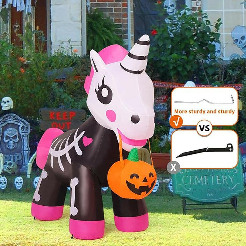 5FT Inflatable Skeleton Unicorn – LED Halloween Blow-Up Decoration for Garden, Lawn, and Indoor Displays