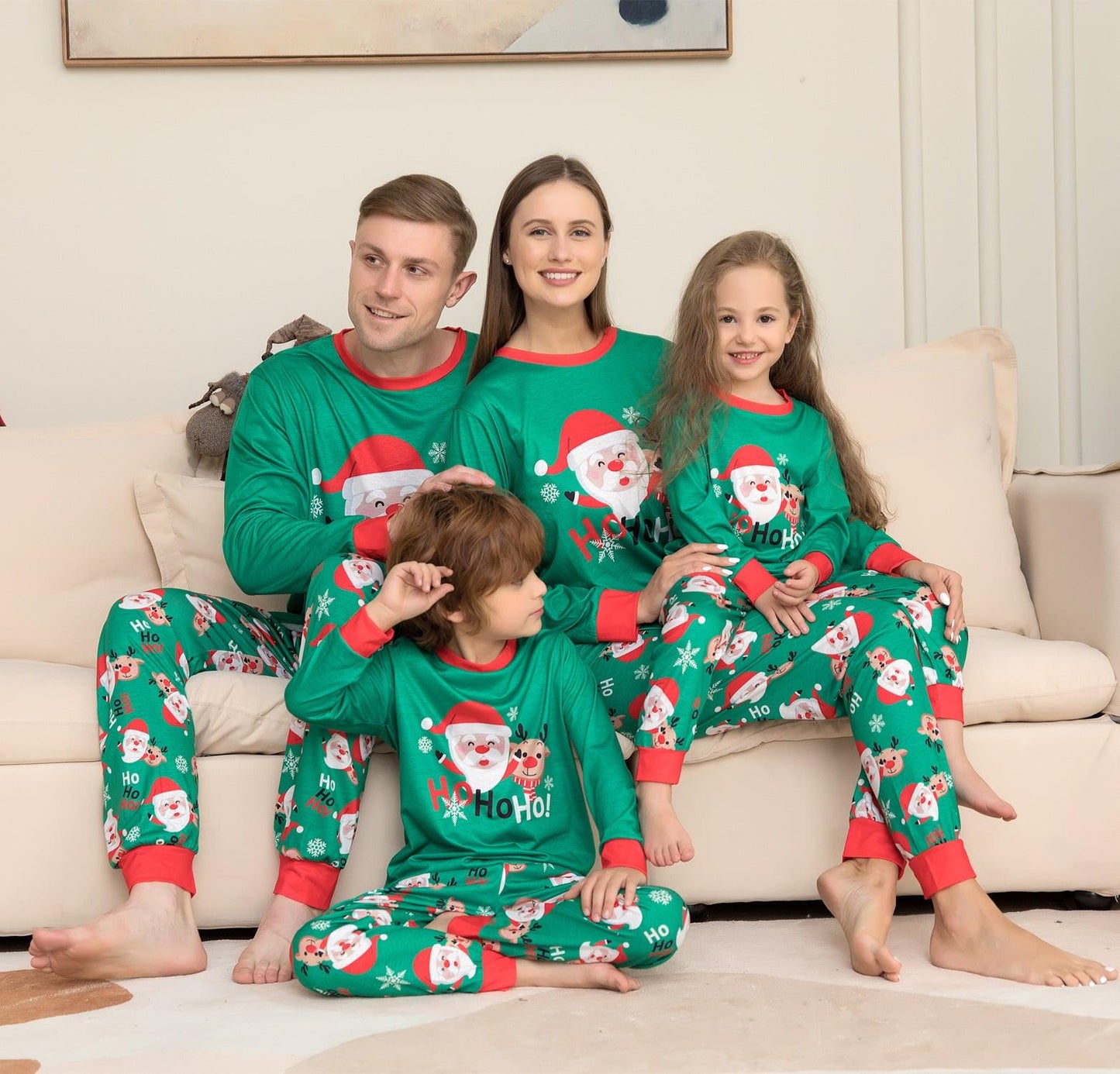 Santa‑Themed Matching Family Pajamas – Green Holiday Sets for Adults, Kids, Babies & Pets.