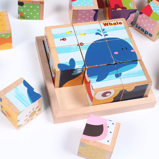 Six-face wooden cube puzzle with 9 blocks, educational toy for children aged 4–6.
