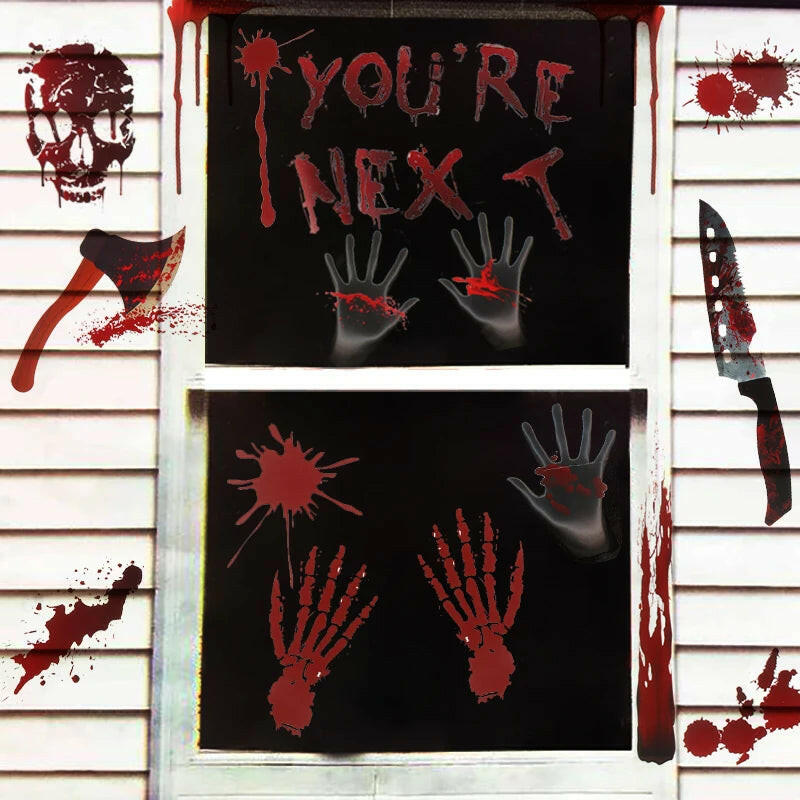 2025 Bloody Handprint & Halloween Sticker Set – Window, Wall & Floor Decals with Ghost, Bat, Pumpkin & Web Designs (1 Set)