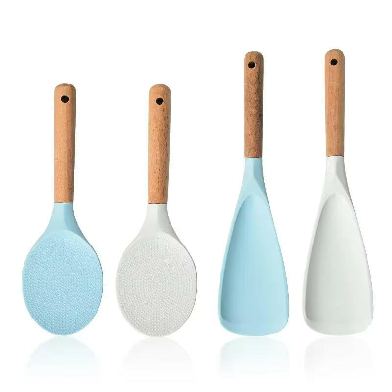 Transform Your Cooking Experience with the Non-Stick Silicone Rice Shovel Spoon - Effortless Serving with a Long Wooden Handle!.