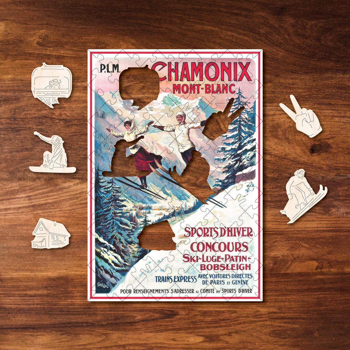 Vintage Poster – Chamonix Travel Mini Wooden Jigsaw Puzzle.