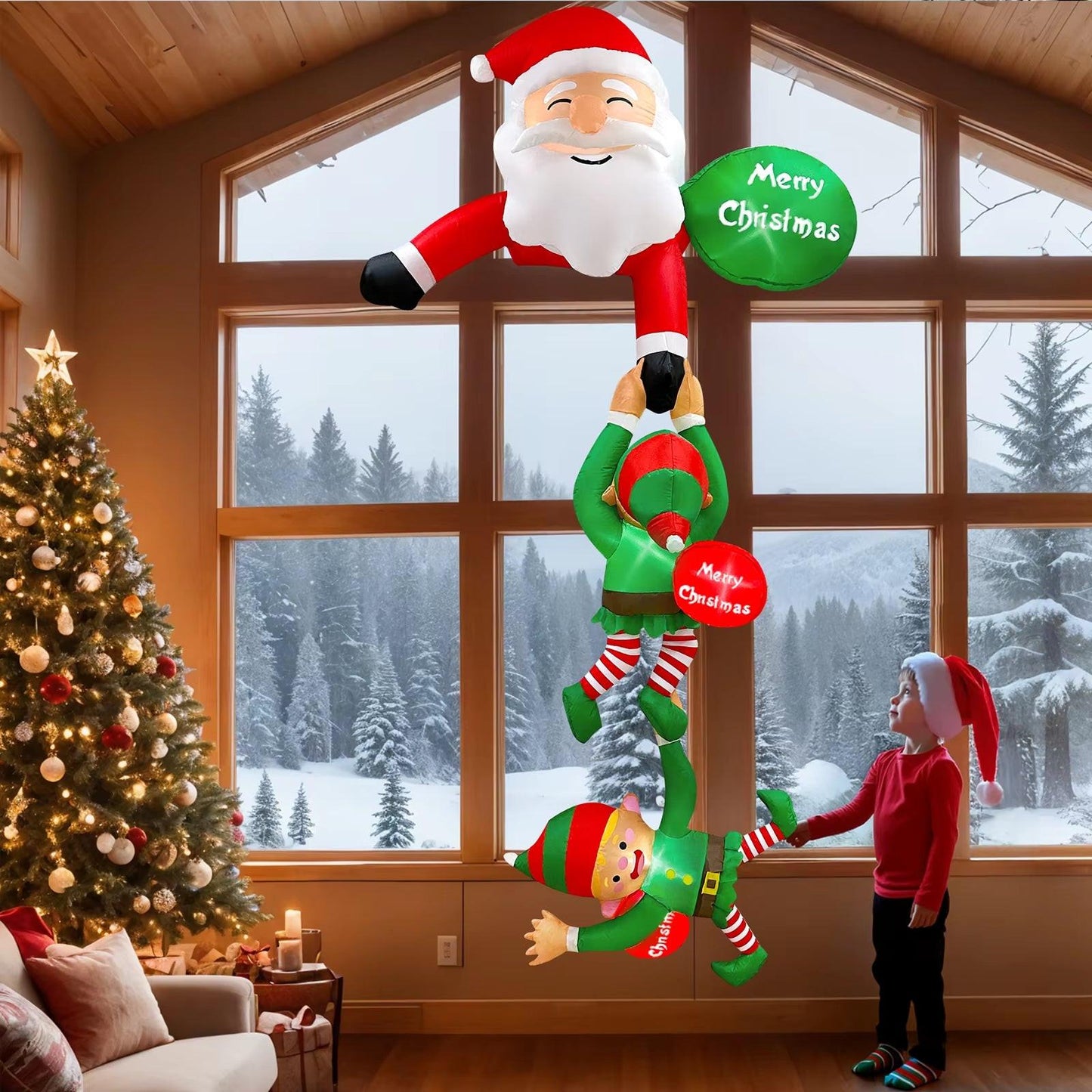 8FT Hanging Santa & Elf Christmas Inflatable – LED-Lit Outdoor Decoration for Windows, Roofs & Eaves.