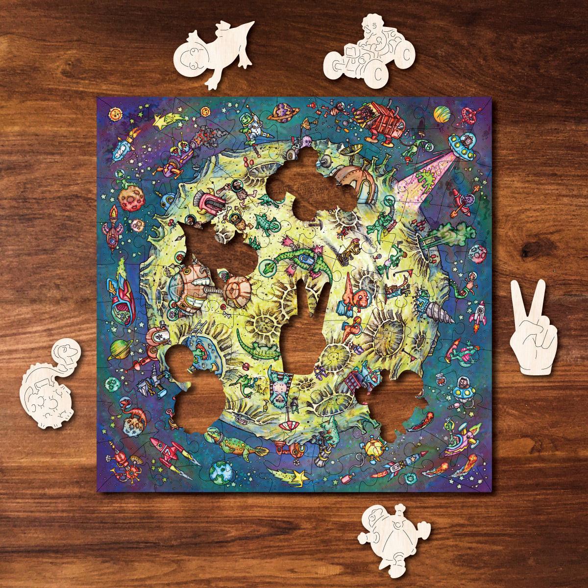 Dino Moon – Travel Mini Wooden Jigsaw Puzzle, 85 Pieces.