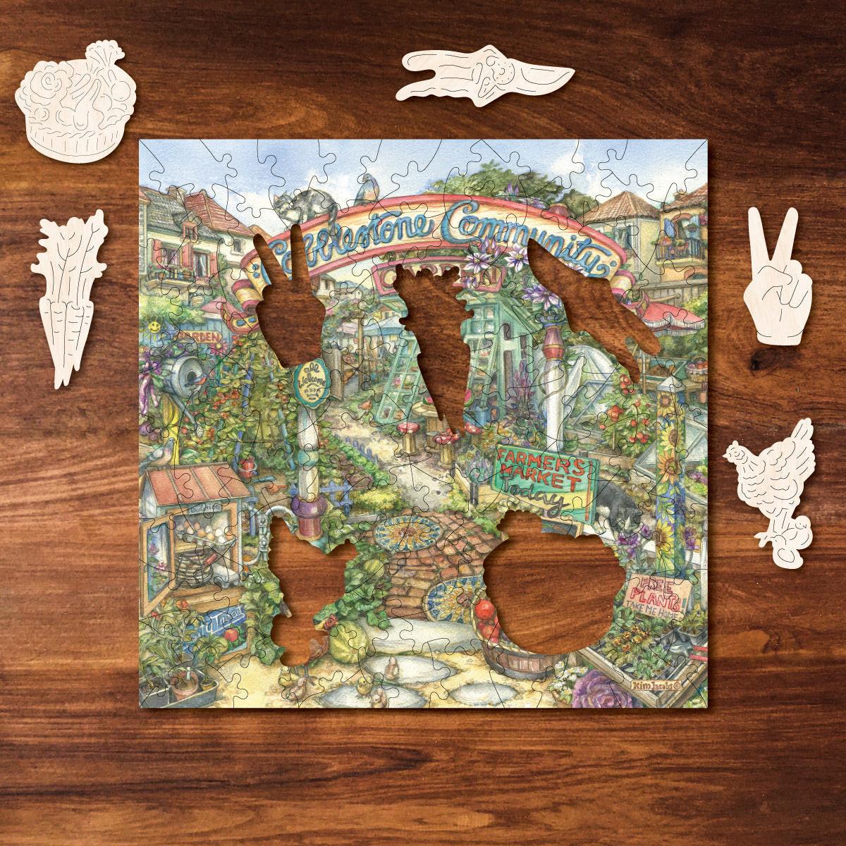 Cobblestone Community Garden – Travel Mini Wooden Jigsaw Puzzle, 87 Pieces.