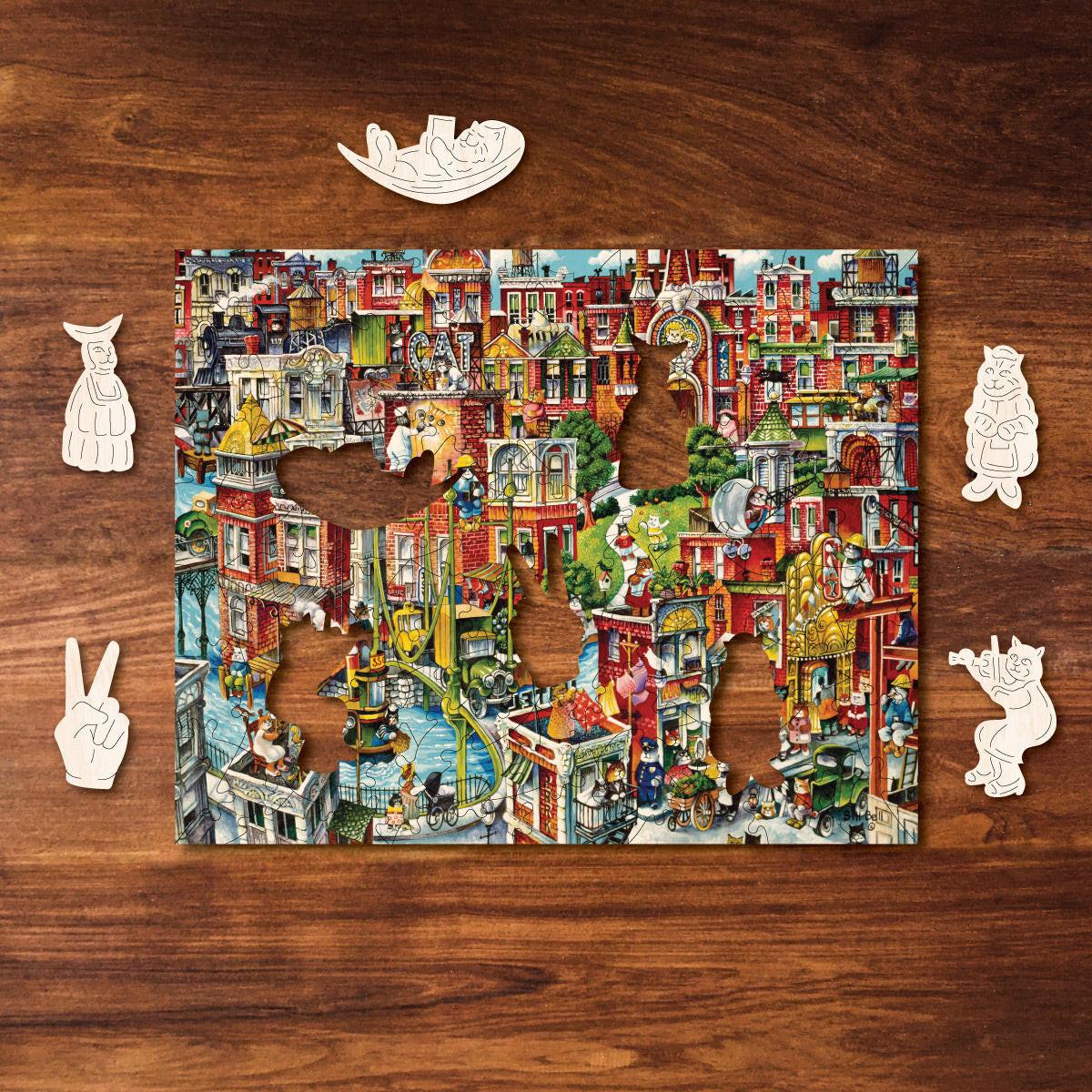 Cat City – Travel Mini Wooden Jigsaw Puzzle, 84 Pieces.