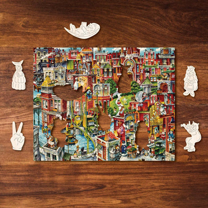 Cat City – Travel Mini Wooden Jigsaw Puzzle, 84 Pieces.