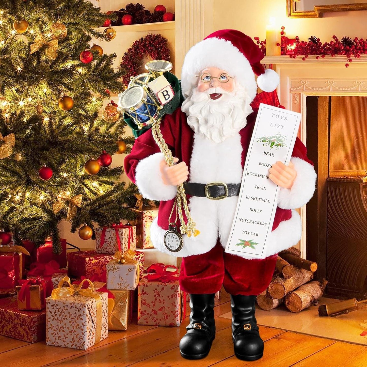 11‑Inch Santa Claus Figurine – Velvet Coat, Glasses & Gift Bag.