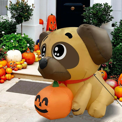 5FT Inflatable Halloween Pug Holding Pumpkin – LED Blow-Up Decoration for Garden, Lawn, and Indoor Displays