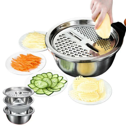 3-in-1 Stainless Steel Salad Maker Bowl – Strainer, Grater & Slicer in One.