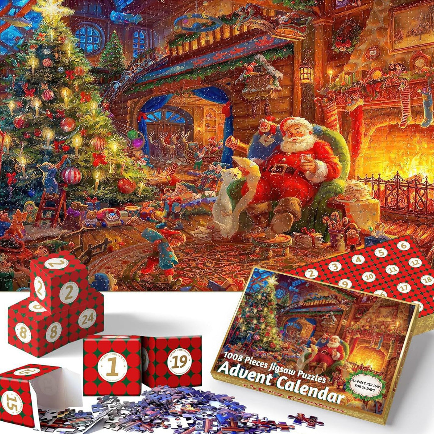 Christmas advent calendar puzzle with 24 pieces, final artwork of Santa by the fire.