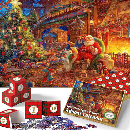 Christmas advent calendar puzzle with 24 pieces, final artwork of Santa by the fire.