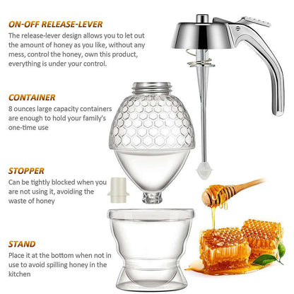 Honey Pourer Dispenser with Stand and Storage Jar for Juices and Syrups.