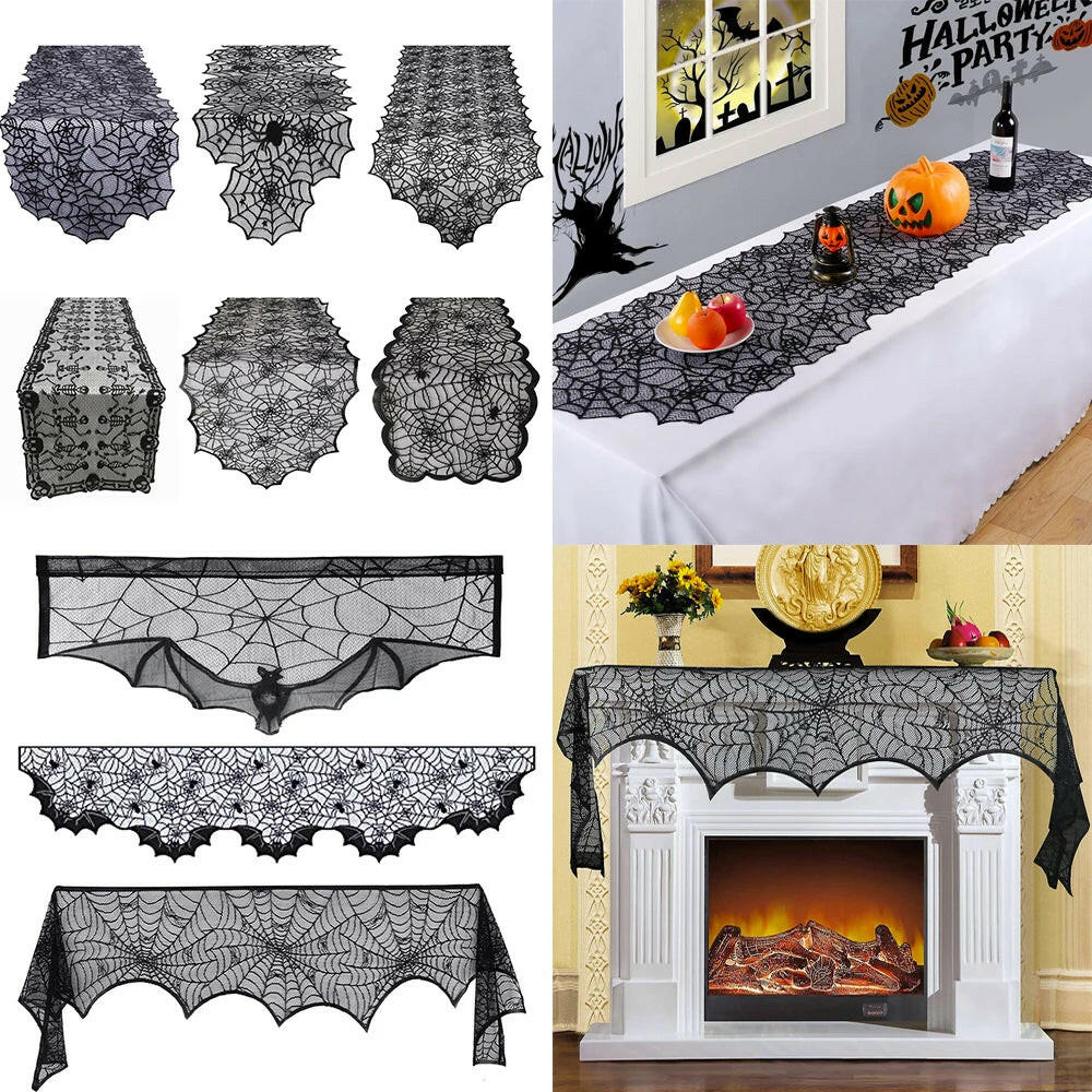 2025 Black Lace Spider Web Table Runner – Gothic Halloween Mantel Cover & Party Decor Accent (1pc)