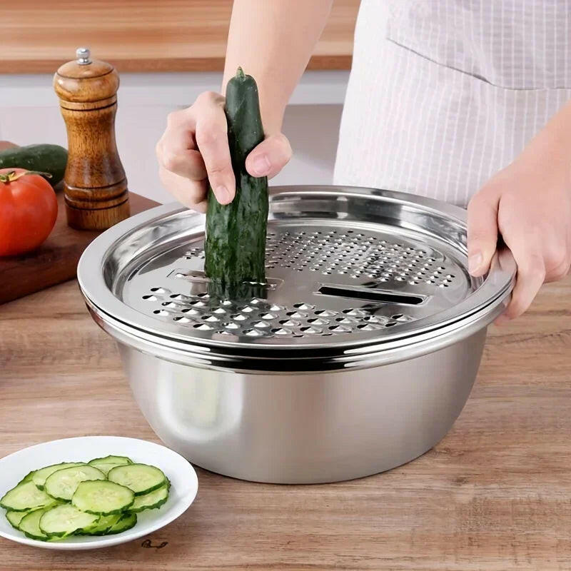 3-in-1 Stainless Steel Salad Maker Bowl – Strainer, Grater & Slicer in One.