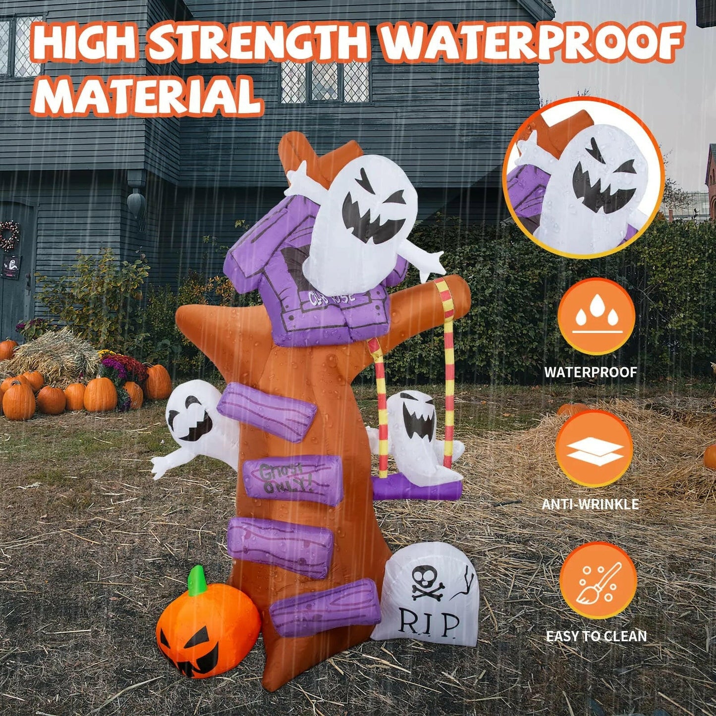 8FT Inflatable Halloween Ghost Tree with Pumpkin & Tombstone – LED Blow-Up Decoration for Garden, Lawn, and Party Displays