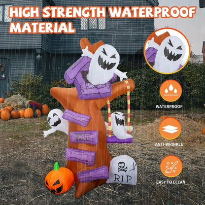 8FT Inflatable Halloween Ghost Tree with Pumpkin & Tombstone – LED Blow-Up Decoration for Garden, Lawn, and Party Displays