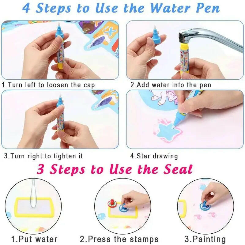 Magic Water Drawing Mat - Reusable Coloring Doodle Board with Pens for Kids - Montessori Educational Toy.