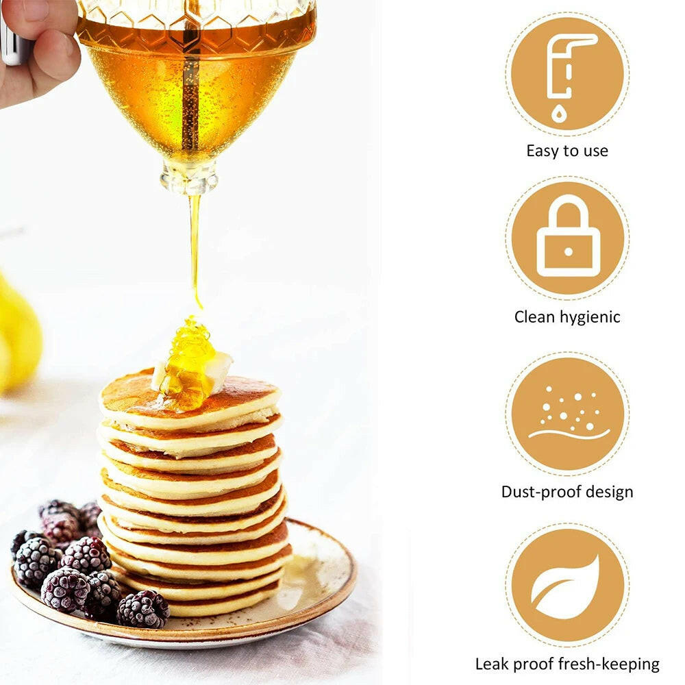 Honey Pourer Dispenser with Stand and Storage Jar for Juices and Syrups.