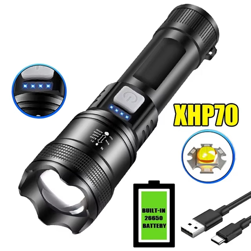 Most Powerful XHP70 LED Flashlight with Tail Warm Light USB Rechargeable Long Range Zoom Torch Outdoor Camping Emergency Lantern