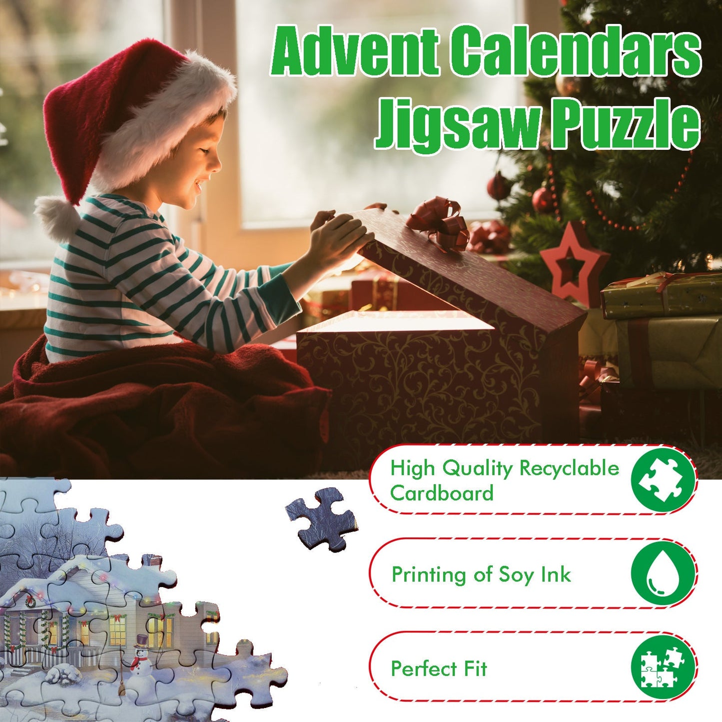 Christmas advent calendar puzzle with 24 pieces, eco-friendly cardboard, festive artwork by Christmas Eve.