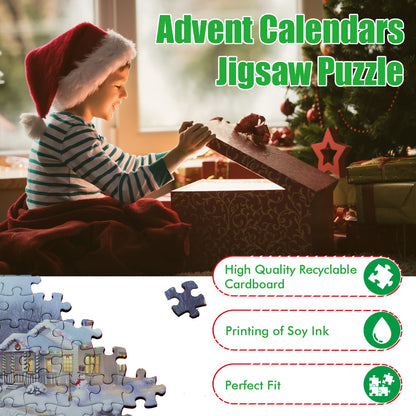 Christmas advent calendar puzzle with 24 pieces, eco-friendly cardboard, festive artwork by Christmas Eve.