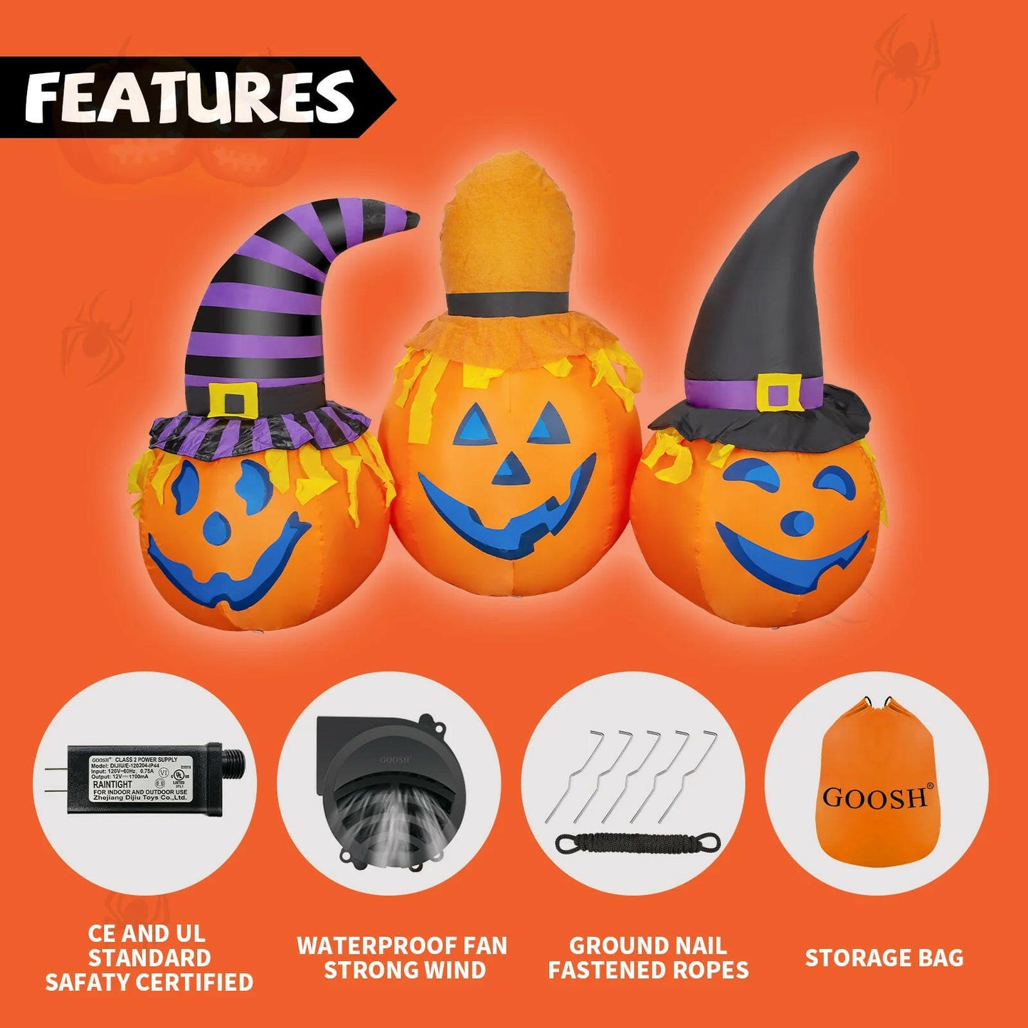 6.5FT Inflatable Halloween Pumpkin Trio with Wizard Hats – LED Blow-Up Decoration for Garden, Lawn, and Party Displays