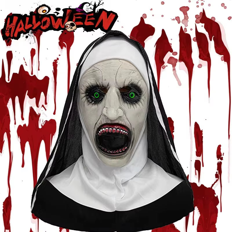 Screaming Nun Horror Masks – White Scare Face Costume Props for Halloween Parties and Cosplay