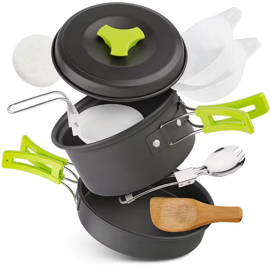 Lightweight camping cookware set with anodized aluminum build, nonstick coating & collapsible design. Perfect for scouts, hikers & outdoor cooking!
