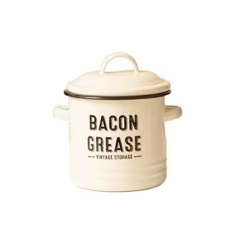 Enamel Grease Container - Secure Lid, Large Capacity.