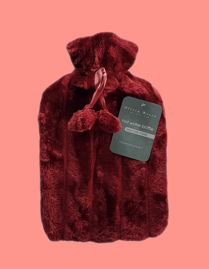 2L Soft Plush Hot Water Bottle with Faux Fur Pom Pom Cover for Warmth Durable Natural Rubber UK Safe Tested Cozy Winter Comfort Ideal Gift for Adults Kids by OLIVIA ROCCO