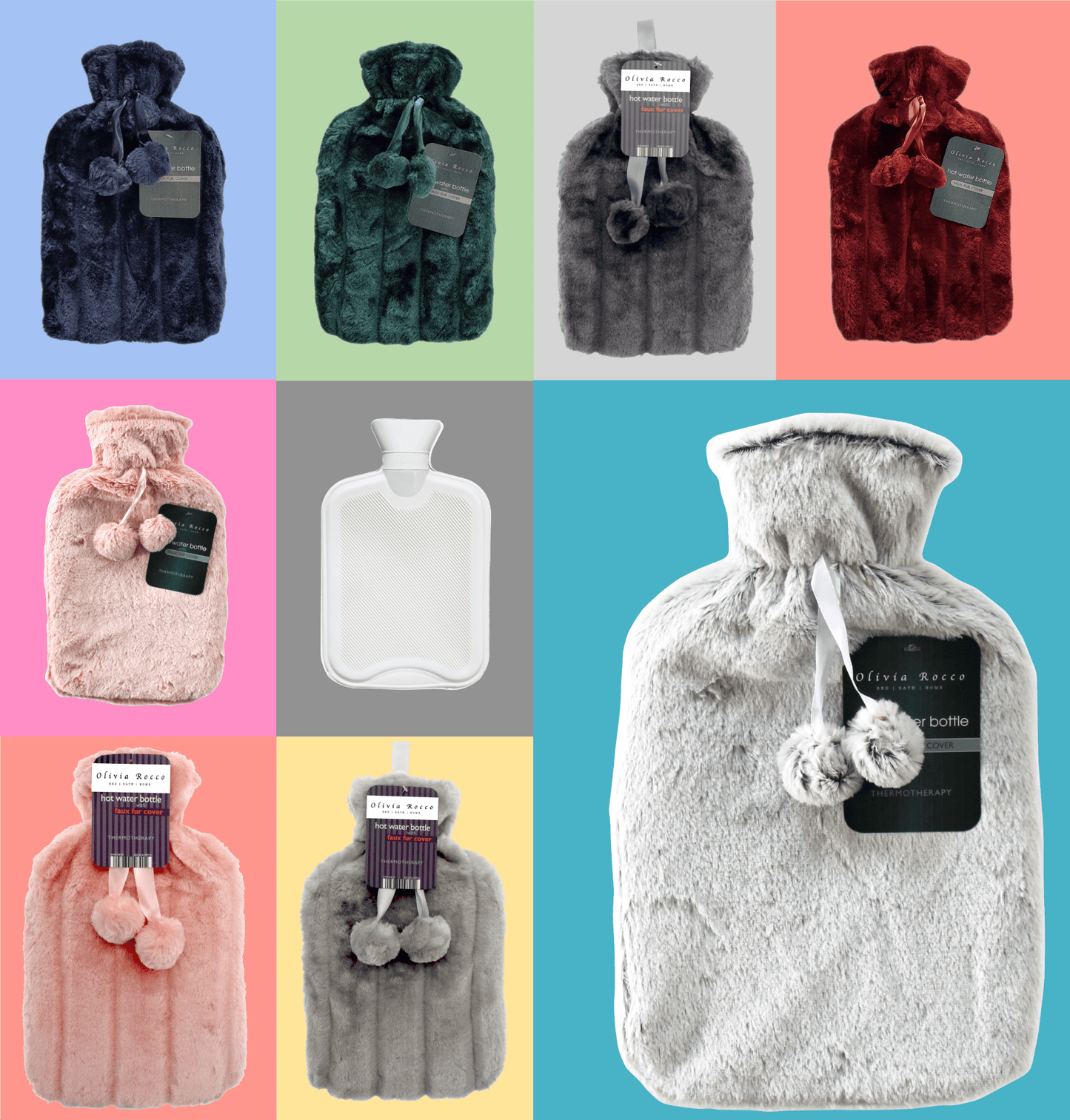 2L Soft Plush Hot Water Bottle with Faux Fur Pom Pom Cover for Warmth Durable Natural Rubber UK Safe Tested Cozy Winter Comfort Ideal Gift for Adults Kids by OLIVIA ROCCO