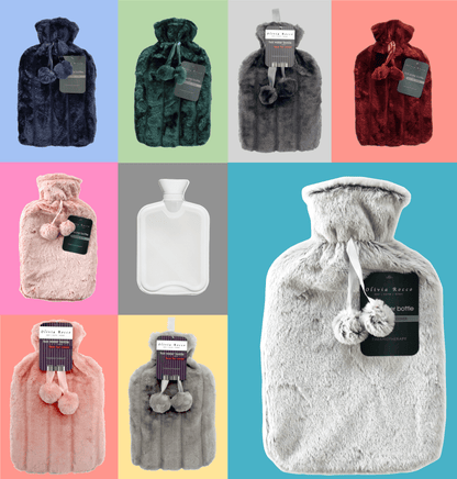 2L Soft Plush Hot Water Bottle with Faux Fur Pom Pom Cover for Warmth Durable Natural Rubber UK Safe Tested Cozy Winter Comfort Ideal Gift for Adults Kids by OLIVIA ROCCO