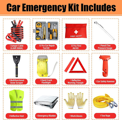 European Driving Kit  – Complete Roadside Emergency Set with Jumper Cables & Safety Gear
