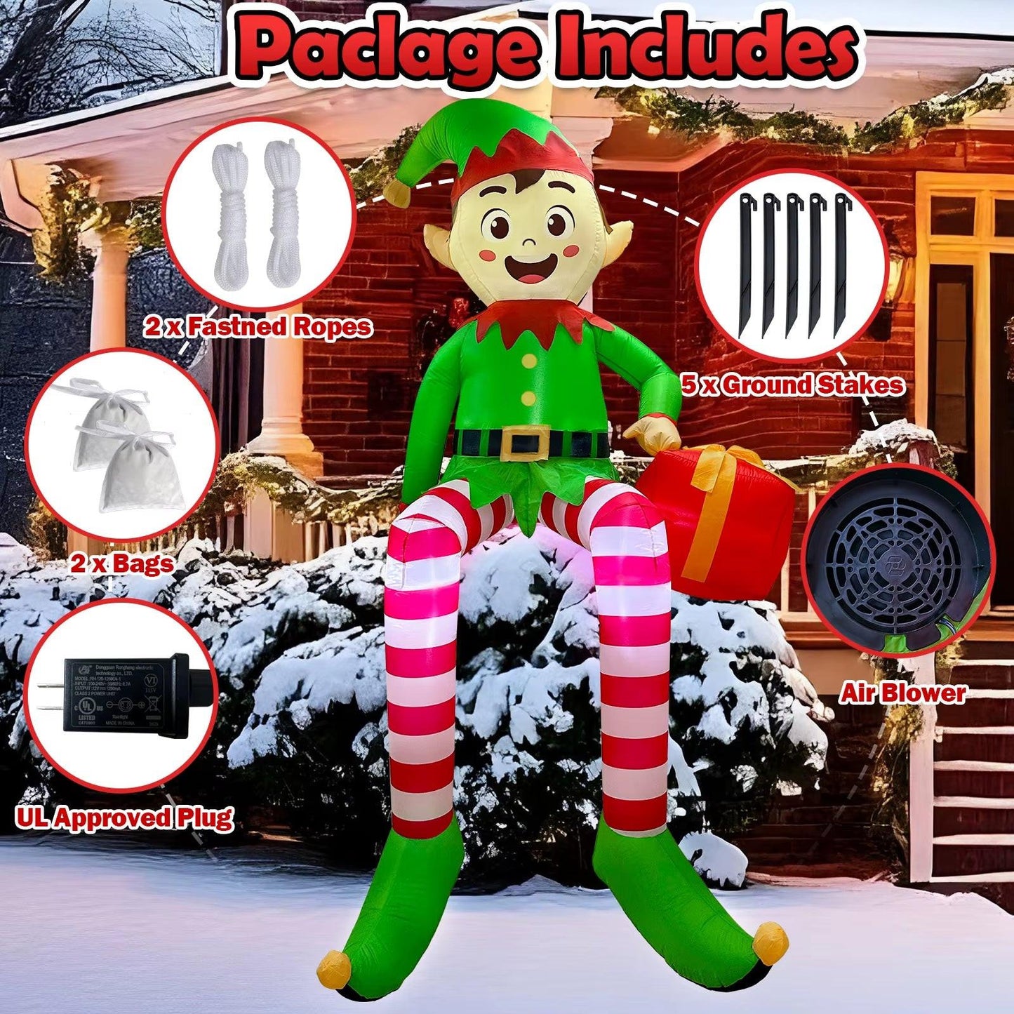 8FT Light-Up Sitting Elf Christmas Inflatable – Outdoor Yard Decoration with LED Lights & Gift Box.